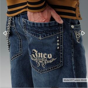 JNCO Men's Dark Blue Denim Jeans with Cream Embroidered Pocket